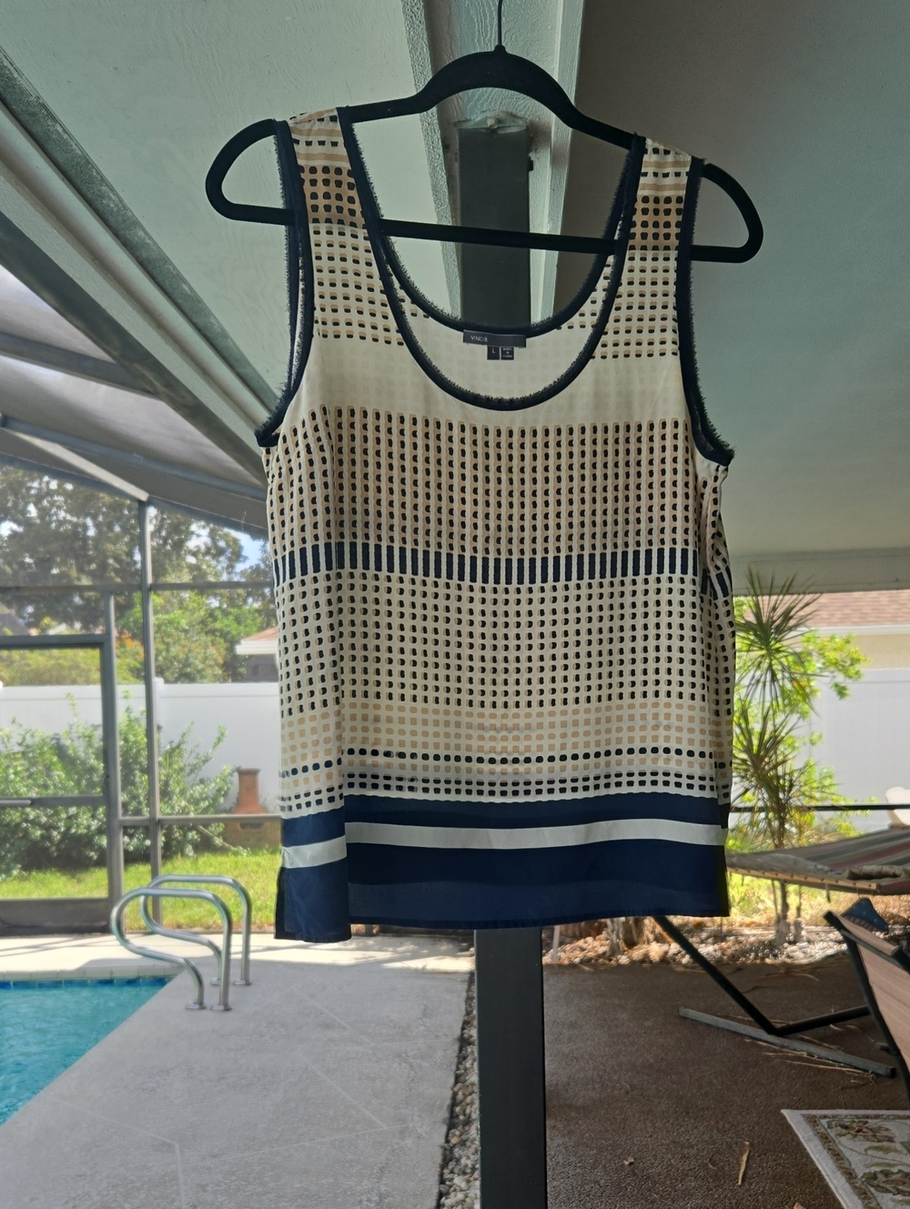 Vince Navy and Cream Patterned Sleeveless Silk Tank